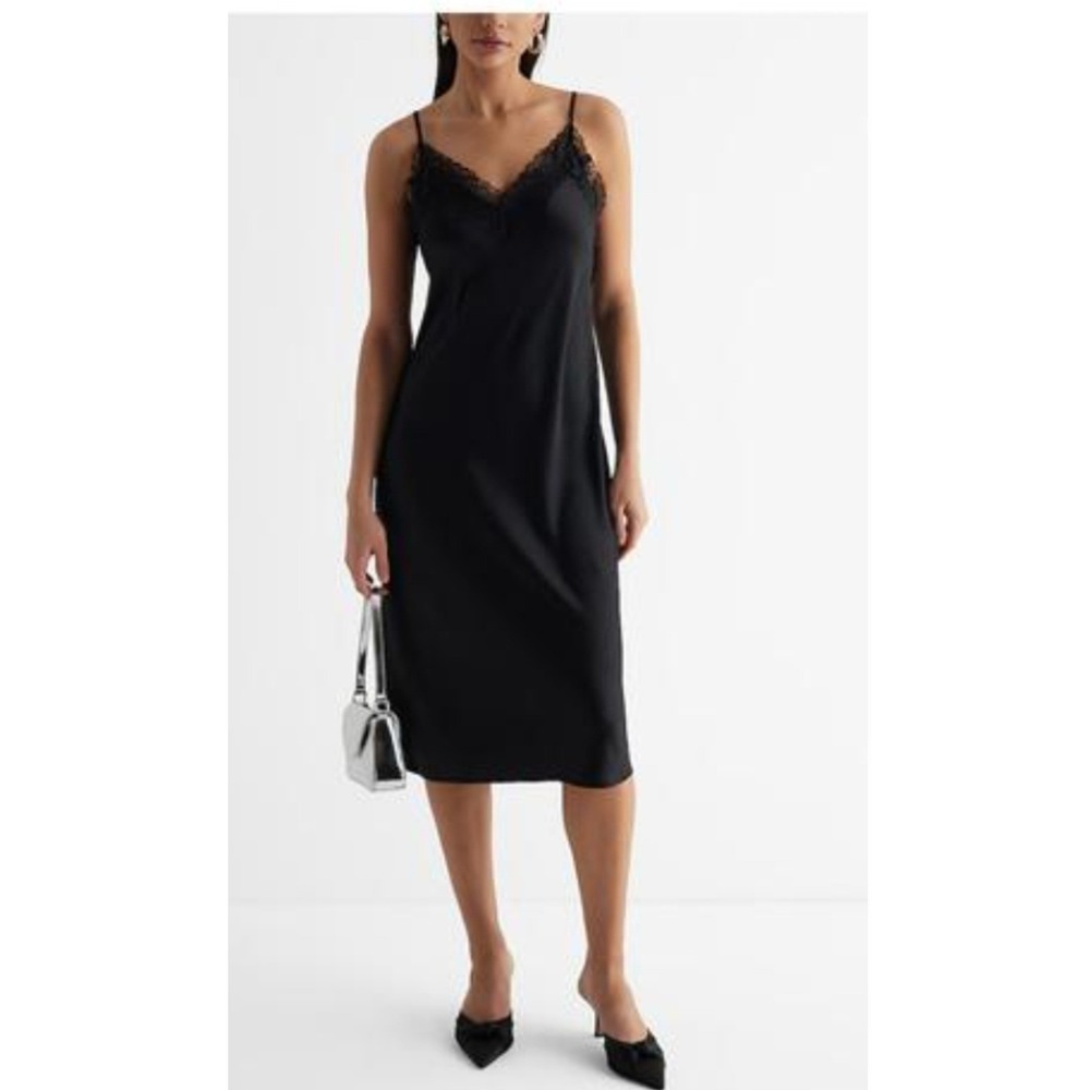 Express Womens L Slip Dress Black Lace Trim Satin V-Neck Midi Spaghetti Strap